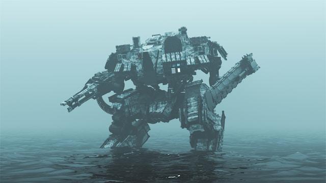 military robot in the fog